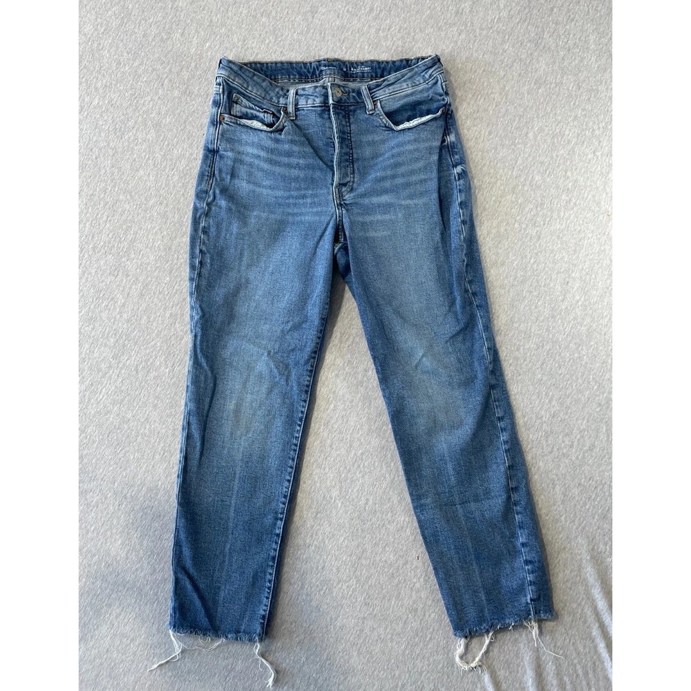 Old Navy High Rise OG Straight Secret Smooth Pocket Jeans Womens 12 Blue Raw Hem